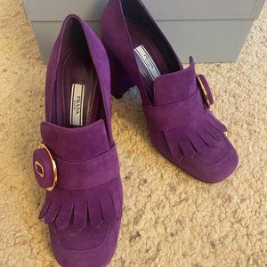 PRADA Purple suede pump block heel with fringe gold metal button 37.5